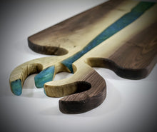 Load image into Gallery viewer, Walnut Charcuterie Board with Green and Blue Epoxy River and Horned Handle
