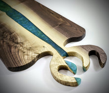 Load image into Gallery viewer, Walnut Charcuterie Board with Green and Blue Epoxy River and Horned Handle
